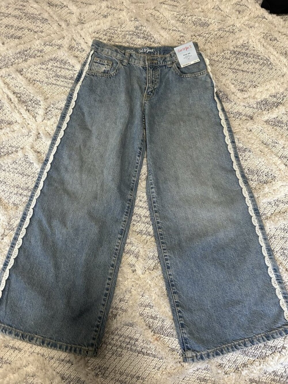 Girls' Mid-Rise Loose Slouchy Wide Leg Jeans Lace Detail Boho Light Blue 12